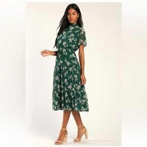 Lulus Floral Dressed Up Dark Green Floral Print Midi Dress, Size L